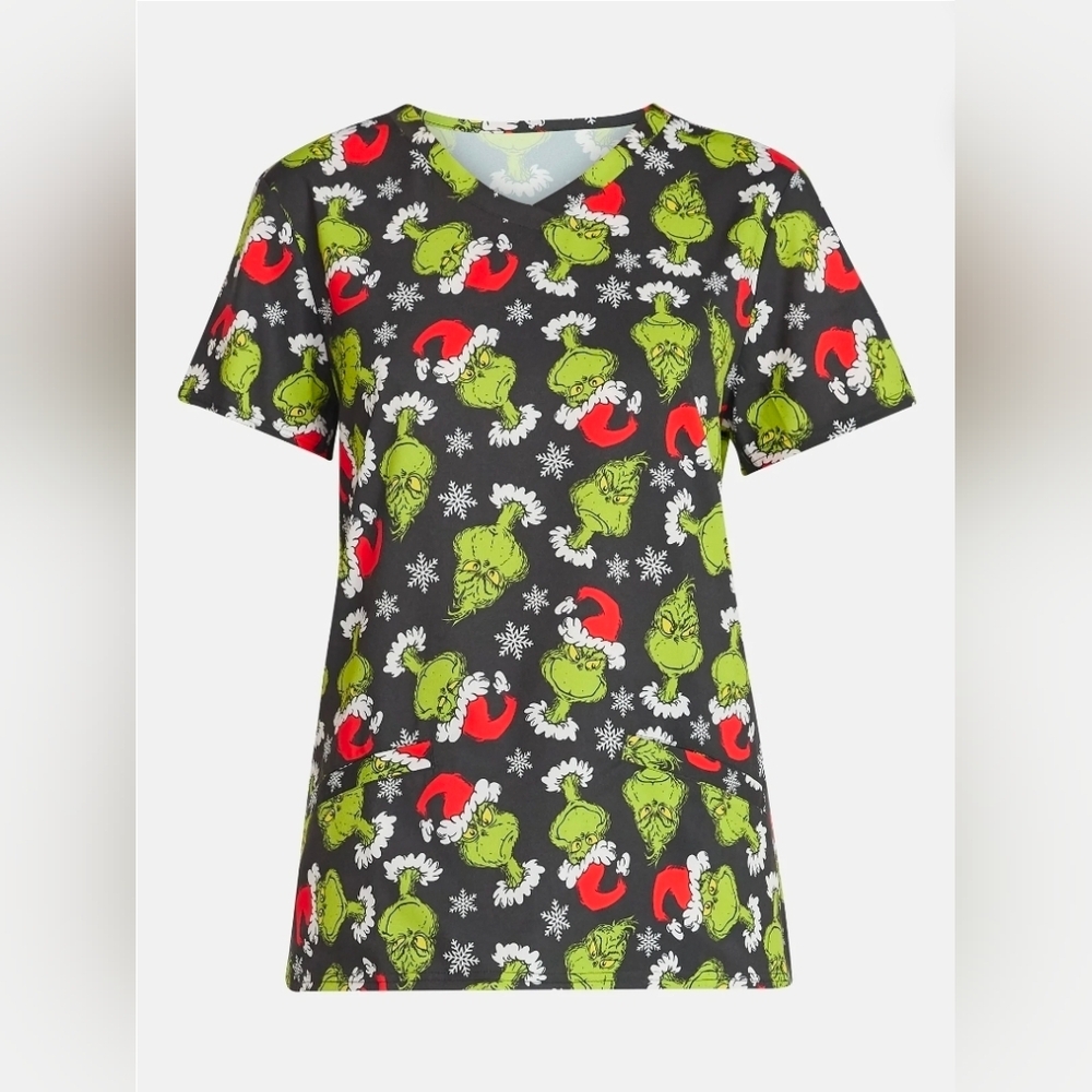 The Grinch NEW Holiday Scrub Top Dr. Seuss Christmas V-Neck Small S Black